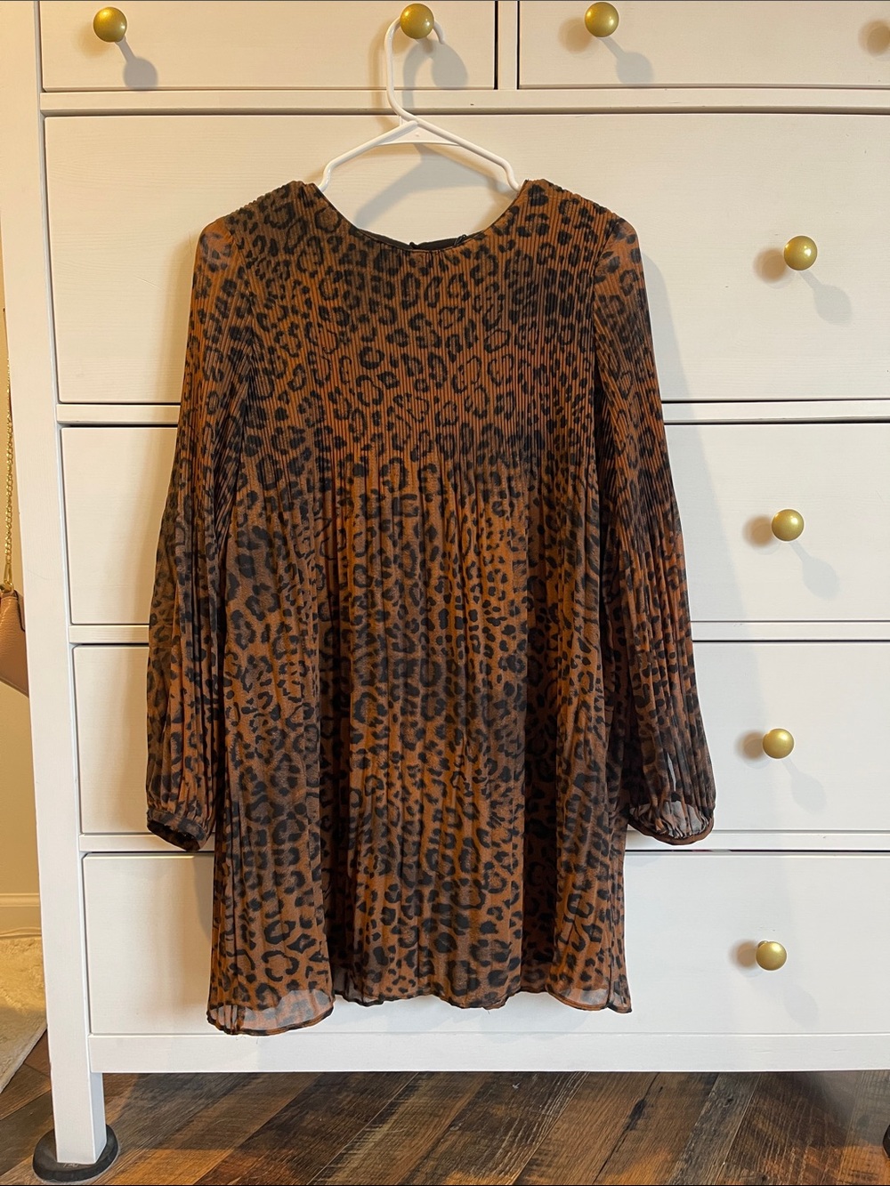 Zara Brown and Black Leopard Print Pleated Long-Sleeve Dress